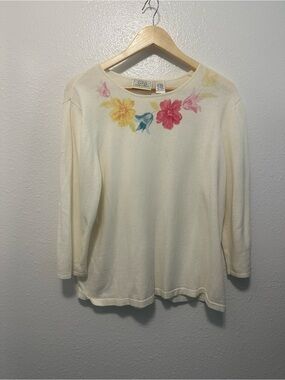 Field Manor Vintage Cream Floral Three Quarter Sleeve Top with beaded accents